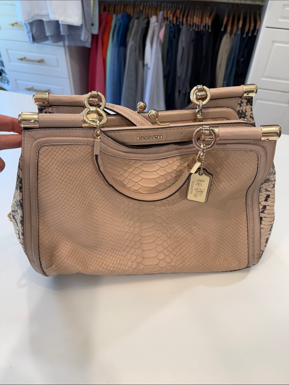 COACH Blush Pink Python-Embossed Leather Satchel with Gold Hardware